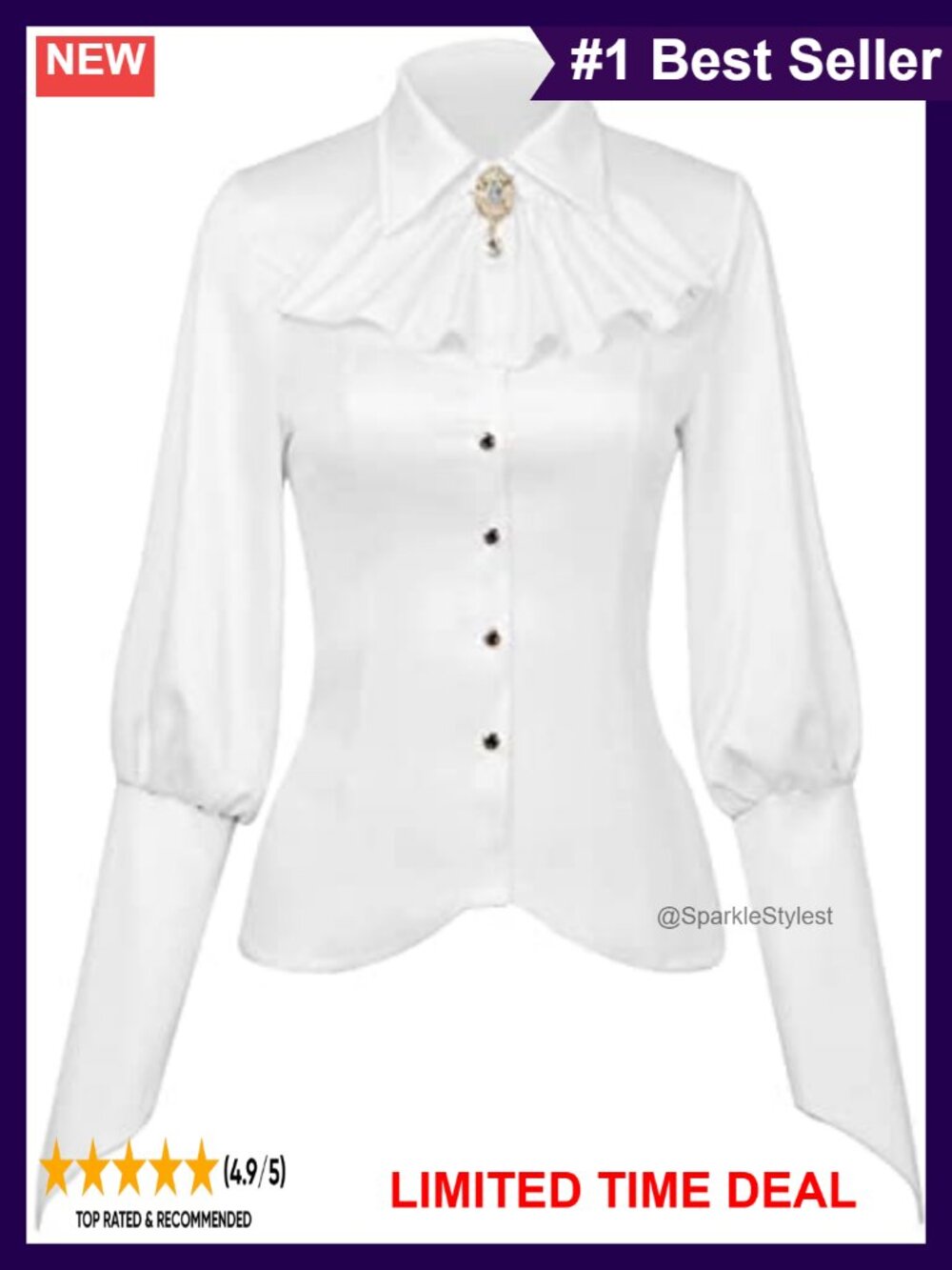 Ruffled Long Sleeve Slim Fit Blouse with Brooch Detail